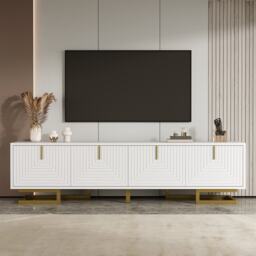 Elegant TV Cabinet with Textured Doors, Golden Handles, Adjustable Feet, Modern TV Stand for Living Room, 160L x 38W x 44.5H cm, White - Aosom UK