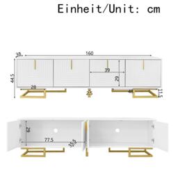 Elegant TV Cabinet with Textured Doors, Golden Handles, Adjustable Feet, Modern TV Stand for Living Room, 160L x 38W x 44.5H cm, White - Aosom UK - thumbnail 3
