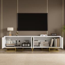 Elegant TV Cabinet with Textured Doors, Golden Handles, Adjustable Feet, Modern TV Stand for Living Room, 160L x 38W x 44.5H cm, White - Aosom UK - thumbnail 5