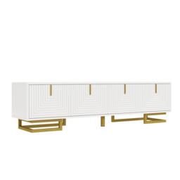 Elegant TV Cabinet with Textured Doors, Golden Handles, Adjustable Feet, Modern TV Stand for Living Room, 160L x 38W x 44.5H cm, White - Aosom UK - thumbnail 2