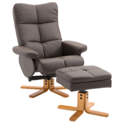 HOMCOM Faux Leather Swivel Recliner Chair with Footstool and Storage, Wooden Base Armchair, Brown - Aosom UK