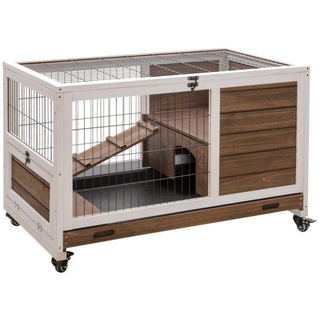 PawHut Wooden Indoor Rabbit Hutch w/ Enclosed Run Brown - image 1