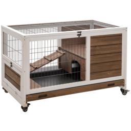 PawHut Wooden Indoor Rabbit Hutch w/ Enclosed Run Brown - thumbnail 1