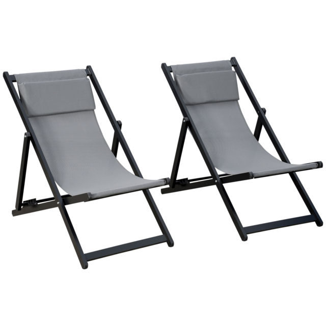 Outsunny Set of 2 Folding Garden Beach Aluminium Frame Deck Chairs Deckchairs Seaside Folding Garden Patio Lounger, Grey - image 1