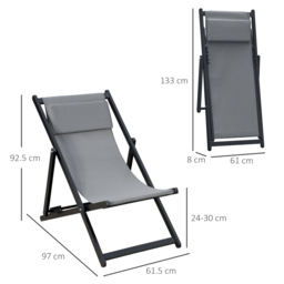 Outsunny Set of 2 Folding Garden Beach Aluminium Frame Deck Chairs Deckchairs Seaside Folding Garden Patio Lounger, Grey - thumbnail 3