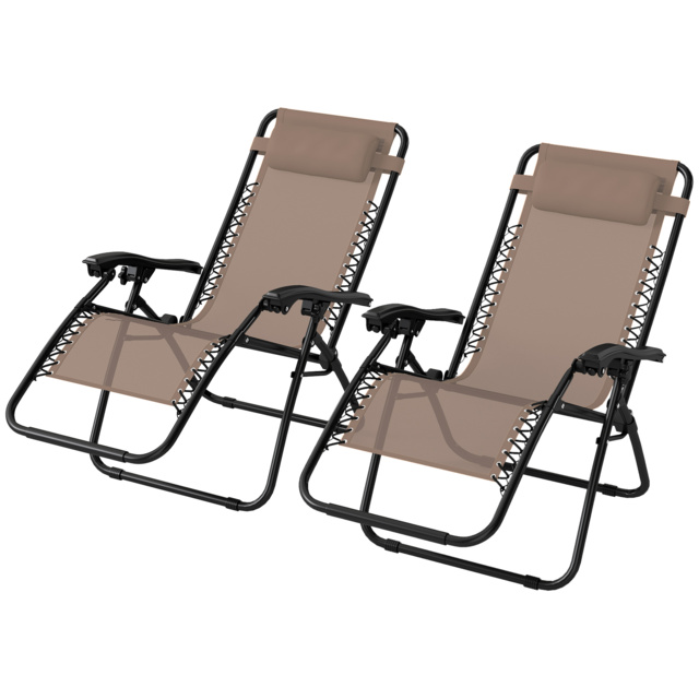 Outsunny Zero Gravity Chair Set of 2, Metal Frame Texteline Armchair Outdoor Folding and Reclining Sun Lounger with Head Pillow for Patio Decking Gardens Camping, Beige - image 1