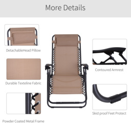 Outsunny Zero Gravity Chair Set of 2, Metal Frame Texteline Armchair Outdoor Folding and Reclining Sun Lounger with Head Pillow for Patio Decking Gardens Camping, Beige - thumbnail 5