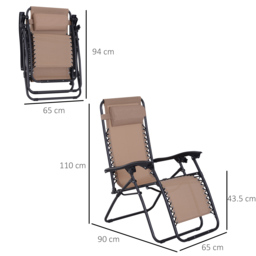 Outsunny Zero Gravity Chair Set of 2, Metal Frame Texteline Armchair Outdoor Folding and Reclining Sun Lounger with Head Pillow for Patio Decking Gardens Camping, Beige - thumbnail 3