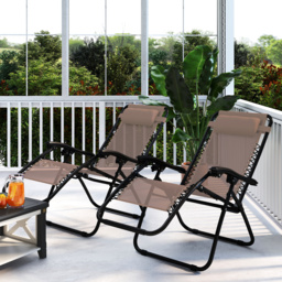 Outsunny Zero Gravity Chair Set of 2, Metal Frame Texteline Armchair Outdoor Folding and Reclining Sun Lounger with Head Pillow for Patio Decking Gardens Camping, Beige - thumbnail 9