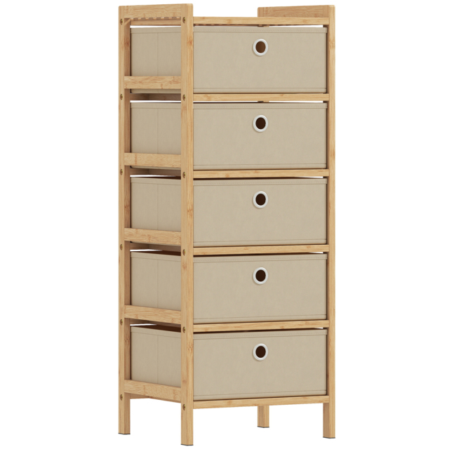HOMCOM Chest of Drawers, 5 Fabric Drawers Narrow Dresser with Bamboo Frame, Cream White - image 1