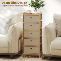 HOMCOM Chest of Drawers, 5 Fabric Drawers Narrow Dresser with Bamboo Frame, Cream White - thumbnail 6