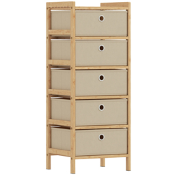 HOMCOM Chest of Drawers, 5 Fabric Drawers Narrow Dresser with Bamboo Frame, Cream White - thumbnail 1
