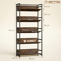 HOMCOM Bookshelf 5-Tier Metal Frame Room Divider Bookcase Storage Shelves for Living Room Rustic Brown - thumbnail 3