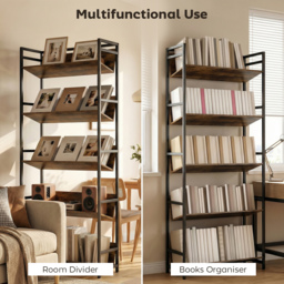 HOMCOM Bookshelf 5-Tier Metal Frame Room Divider Bookcase Storage Shelves for Living Room Rustic Brown - thumbnail 4