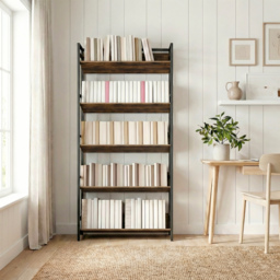 HOMCOM Bookshelf 5-Tier Metal Frame Room Divider Bookcase Storage Shelves for Living Room Rustic Brown - thumbnail 9