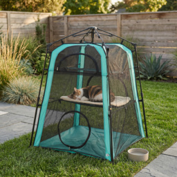 PawHut Cat Tent, 3-Tier Portable Pet Tent for Indoor Outdoor, Cat House with Multi-Door, Carry Bag, Breathable Mesh - Aosom UK - thumbnail 2