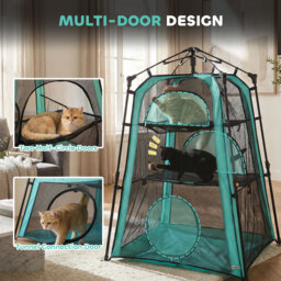 PawHut Cat Tent, 3-Tier Portable Pet Tent for Indoor Outdoor, Cat House with Multi-Door, Carry Bag, Breathable Mesh - Aosom UK - thumbnail 5