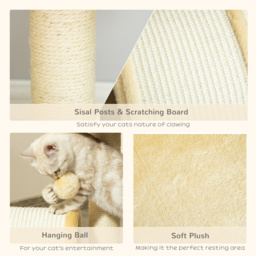 PawHut Cat Scratching Tree, Post with Activity Centre, Climber, Hanging Ball, Plush Cover, Beige - Aosom UK - thumbnail 5