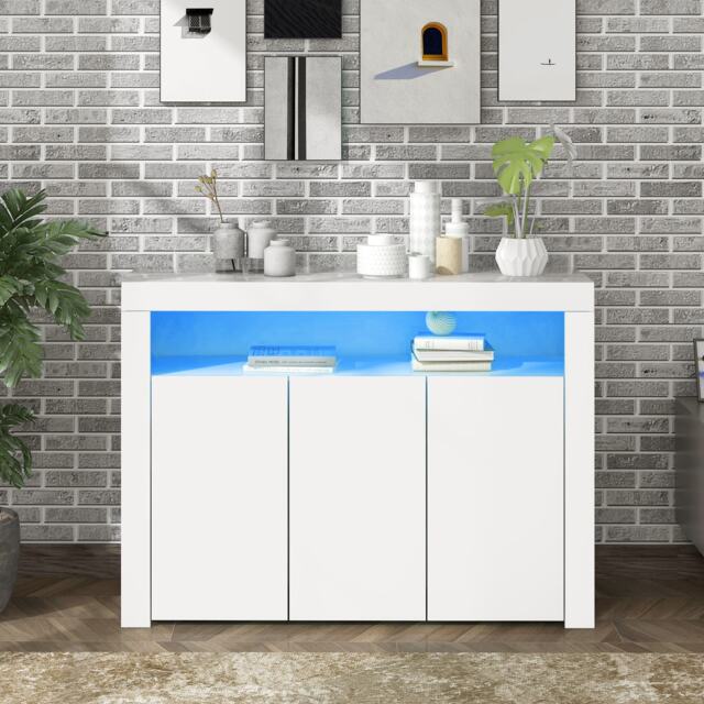 Modern Sideboard Cabinet with LED Lights, High Gloss Design, 3-Door Remote Control Kitchen Unit for Home Decor, 130x35x95 cm, White - Aosom.UK - image 1