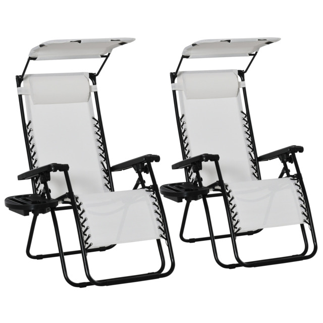 Outsunny 2 Piece Foldable Reclining Garden Chair with Headrest, Zero Gravity Deck Sun Lounger Seat Chair with Footrest, Armrest, White - image 1