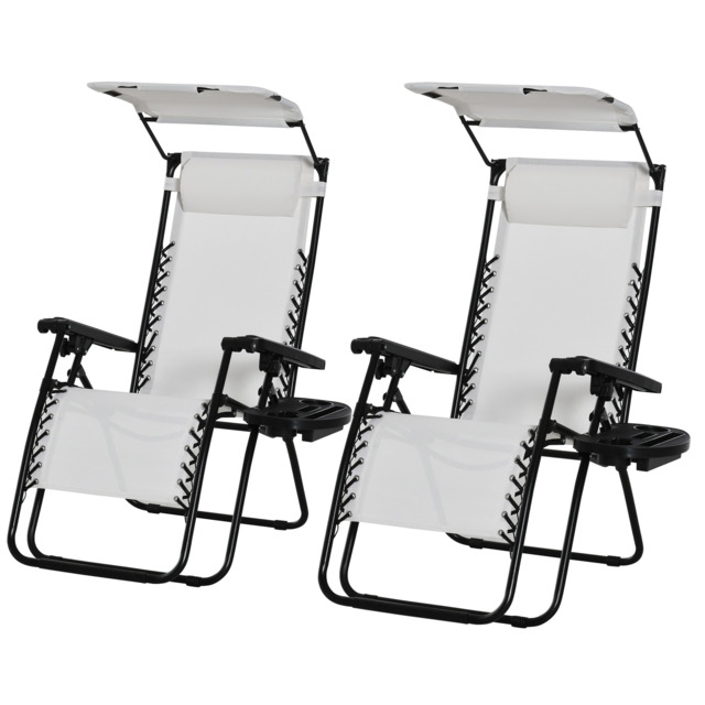 Outsunny 2 Piece Foldable Reclining Garden Chair with Headrest, Zero Gravity Deck Sun Lounger Seat Chair with Footrest, Armrest, White - image 1