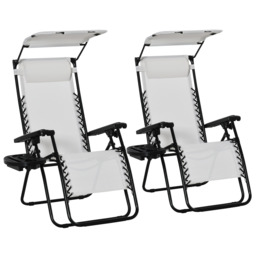 Outsunny 2 Piece Foldable Reclining Garden Chair with Headrest, Zero Gravity Deck Sun Lounger Seat Chair with Footrest, Armrest, White - thumbnail 1