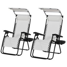 Outsunny 2 Piece Foldable Reclining Garden Chair with Headrest, Zero Gravity Deck Sun Lounger Seat Chair with Footrest, Armrest, White - thumbnail 1