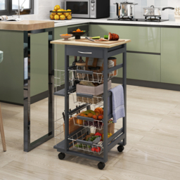 HOMCOM Kitchen Trolley, Multi-Use Kitchen Island w/ 4 Baskets 2 Side Racks 4 Wheels Food Storage Smooth Rolling Compact Furniture Dark Grey - Aosom UK - thumbnail 2
