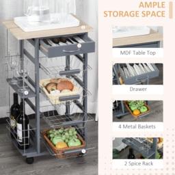 HOMCOM Kitchen Trolley, Multi-Use Kitchen Island w/ 4 Baskets 2 Side Racks 4 Wheels Food Storage Smooth Rolling Compact Furniture Dark Grey - Aosom UK - thumbnail 4