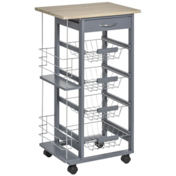HOMCOM Kitchen Trolley, Multi-Use Kitchen Island w/ 4 Baskets 2 Side Racks 4 Wheels Food Storage Smooth Rolling Compact Furniture Dark Grey - Aosom UK