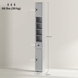 kleankin 180cm Slim Bathroom Cabinet, with Drawer, Shelves and Cupboards - Grey - thumbnail 3