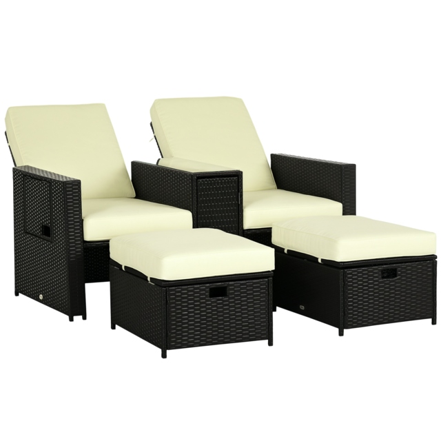 Outsunny 5PC PE Rattan Sun Lounger, Outdoor Wicker 5-level Adjustable Recliner Sofa Bed with Storage Side Table, Footstools, for Patio, Garden, Black - image 1