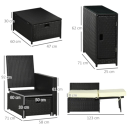 Outsunny 5PC PE Rattan Sun Lounger, Outdoor Wicker 5-level Adjustable Recliner Sofa Bed with Storage Side Table, Footstools, for Patio, Garden, Black - thumbnail 3