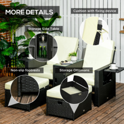 Outsunny 5PC PE Rattan Sun Lounger, Outdoor Wicker 5-level Adjustable Recliner Sofa Bed with Storage Side Table, Footstools, for Patio, Garden, Black - thumbnail 7