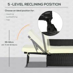 Outsunny 5PC PE Rattan Sun Lounger, Outdoor Wicker 5-level Adjustable Recliner Sofa Bed with Storage Side Table, Footstools, for Patio, Garden, Black - thumbnail 6