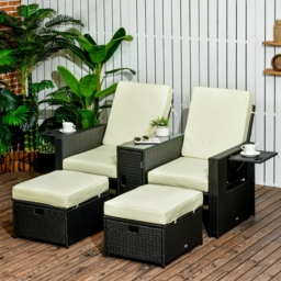 Outsunny 5PC PE Rattan Sun Lounger, Outdoor Wicker 5-level Adjustable Recliner Sofa Bed with Storage Side Table, Footstools, for Patio, Garden, Black - thumbnail 2