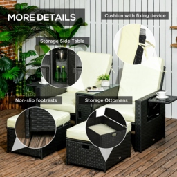 Outsunny 5PC PE Rattan Sun Lounger, Outdoor Wicker 5-level Adjustable Recliner Sofa Bed with Storage Side Table, Footstools, for Patio, Garden, Black - thumbnail 7