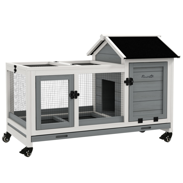 PawHut Wooden Rabbit Hutch, Guinea Pig Cage, with Removable Tray, Wheels - Grey - image 1
