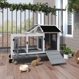 PawHut Wooden Rabbit Hutch, Guinea Pig Cage, with Removable Tray, Wheels - Grey - thumbnail 2