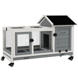 PawHut Wooden Rabbit Hutch, Guinea Pig Cage, with Removable Tray, Wheels - Grey - thumbnail 1