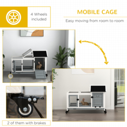 PawHut Wooden Rabbit Hutch, Guinea Pig Cage, with Removable Tray, Wheels - Grey - thumbnail 7