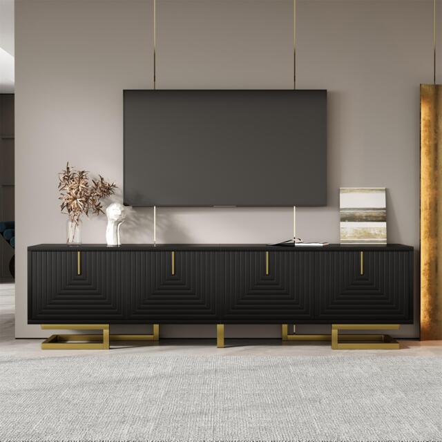 Stylish TV Cabinet with Textured Doors Metallic Handles, Elegant TV Stand with Integrated Shelves, 160L x 38W x 44.5H cm, Black - Aosom UK - image 1