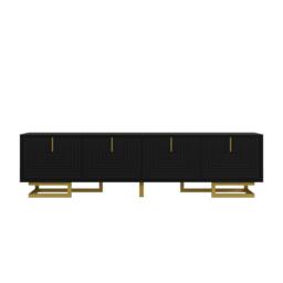 Stylish TV Cabinet with Textured Doors Metallic Handles, Elegant TV Stand with Integrated Shelves, 160L x 38W x 44.5H cm, Black - Aosom UK - thumbnail 2