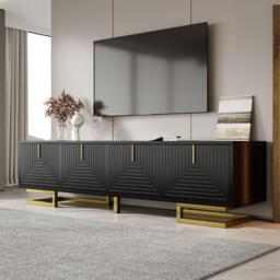 Stylish TV Cabinet with Textured Doors Metallic Handles, Elegant TV Stand with Integrated Shelves, 160L x 38W x 44.5H cm, Black - Aosom UK - thumbnail 5