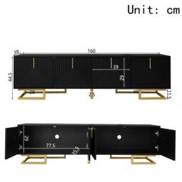 Stylish TV Cabinet with Textured Doors Metallic Handles, Elegant TV Stand with Integrated Shelves, 160L x 38W x 44.5H cm, Black - Aosom UK - thumbnail 3