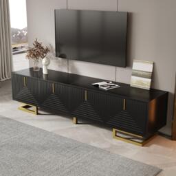 Stylish TV Cabinet with Textured Doors Metallic Handles, Elegant TV Stand with Integrated Shelves, 160L x 38W x 44.5H cm, Black - Aosom UK - thumbnail 4