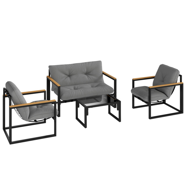 Outsunny Garden Furniture Set, 4 Piece Indoor Outdoor Conservatory with Loveseat Sofa, Armchairs, Glass Top Coffee Table, Cushions for Balcony, Poolside, Patio, Light Grey - image 1