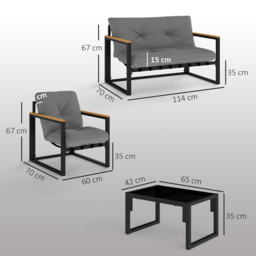 Outsunny Garden Furniture Set, 4 Piece Indoor Outdoor Conservatory with Loveseat Sofa, Armchairs, Glass Top Coffee Table, Cushions for Balcony, Poolside, Patio, Light Grey - thumbnail 3