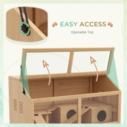 PawHut Hamster Cage, Wooden Small Animal Cage for Gerbils, Mice w/ Suspension Bridge, Openable Top, Hut, 85 x 45 x 44cm Nature - Aosom UK - thumbnail 5