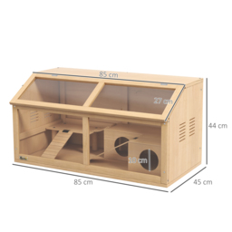 PawHut Hamster Cage, Wooden Small Animal Cage for Gerbils, Mice w/ Suspension Bridge, Openable Top, Hut, 85 x 45 x 44cm Nature - Aosom UK - thumbnail 3